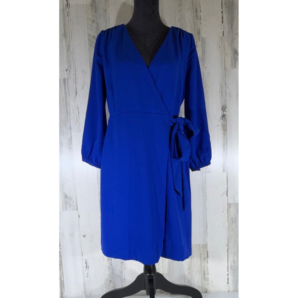 J Crew Wrap Dress Size 6 Royal Blue Long Sleeve V-Neck Knee Length Lined